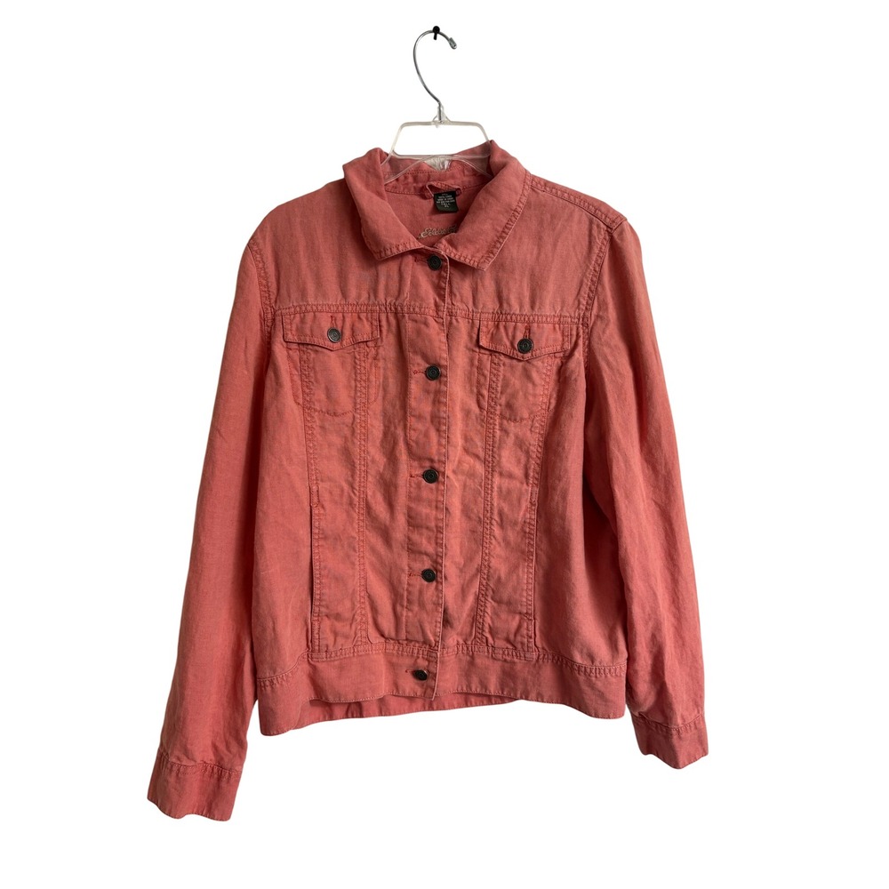 Eddie Bauer Womens XL Tall Coral Pink 100% Linen Trucker Jacket Coastal Casual